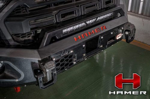 ห่วง HAMER MAXO SHACKLES สีดำ ติดที่กันชนหน้าของ Hamer ที่รถกระบะออฟโรด ฟอร์ด
